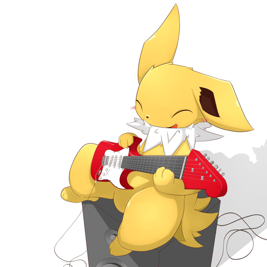 blush eeveelution electric_guitar eyes_closed feral jolteon musical_instrument nintendo open_mouth plain_background pok&eacute;mon sitting solo speaker video_games white_background しろくろいの