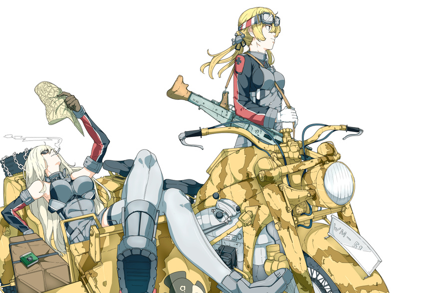 arm_up bad_id bad_nicoseiga_id between_breasts bismarck_(kantai_collection) blonde_hair breasts cigarette crossed_legs detached_sleeves gloves goggles goggles_on_head grey_legwear ground_vehicle gun kantai_collection looking_to_the_side low_twintails machine_gun map medium_breasts mg42 motor_vehicle motorcycle multiple_girls ninimo_nimo no_hat no_headwear prinz_eugen_(kantai_collection) sidecar sitting sunglasses thighhighs twintails weapon white_background white_gloves