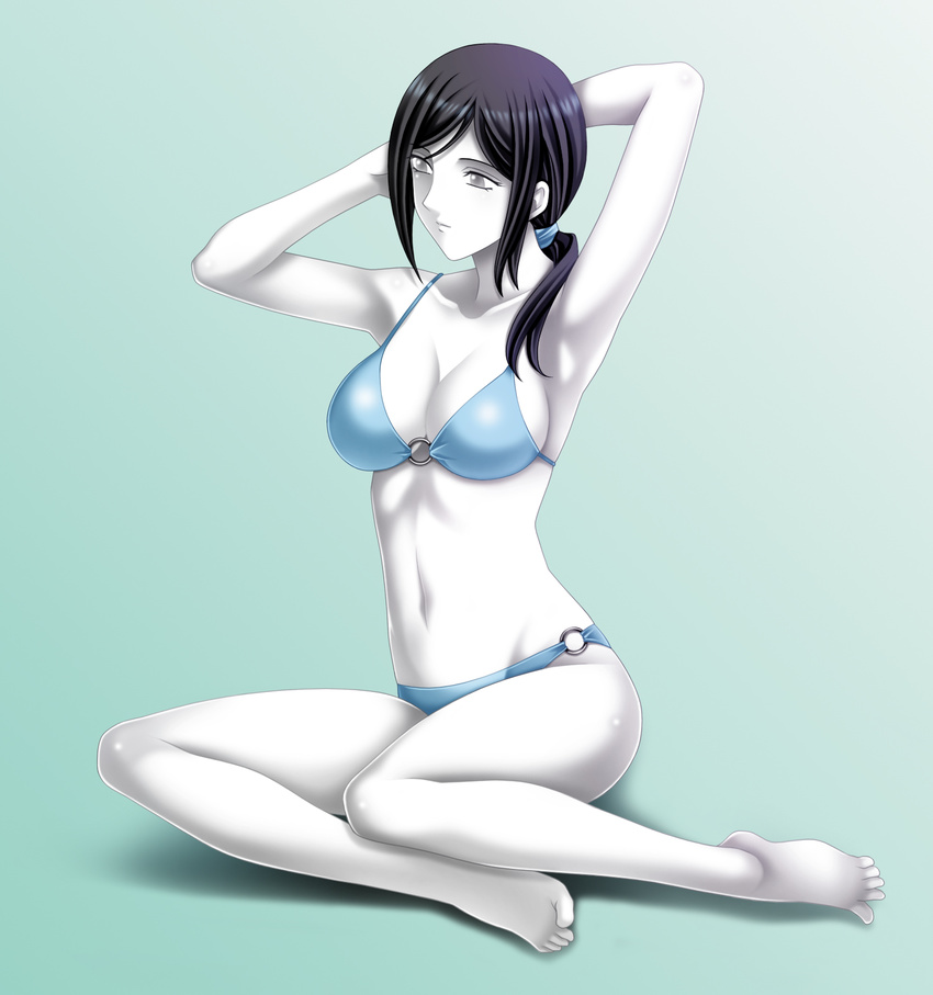 armpits arms_behind_head bare_shoulders barefoot bikini black_hair blue_background breasts cleavage collarbone grey_eyes groin highres long_hair medium_breasts navel o-ring o-ring_bikini ponytail shiny shiny_hair sideboob solo swimsuit tamamon white_skin wii_fit wii_fit_trainer