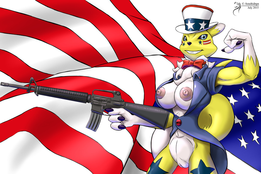 2015 arashidrgn big_breasts breasts canine clothing digimon female fox fur gun looking_at_viewer mammal nipples pussy ranged_weapon renamon stars_and_stripes united_states_of_america weapon white_fur yellow_fur