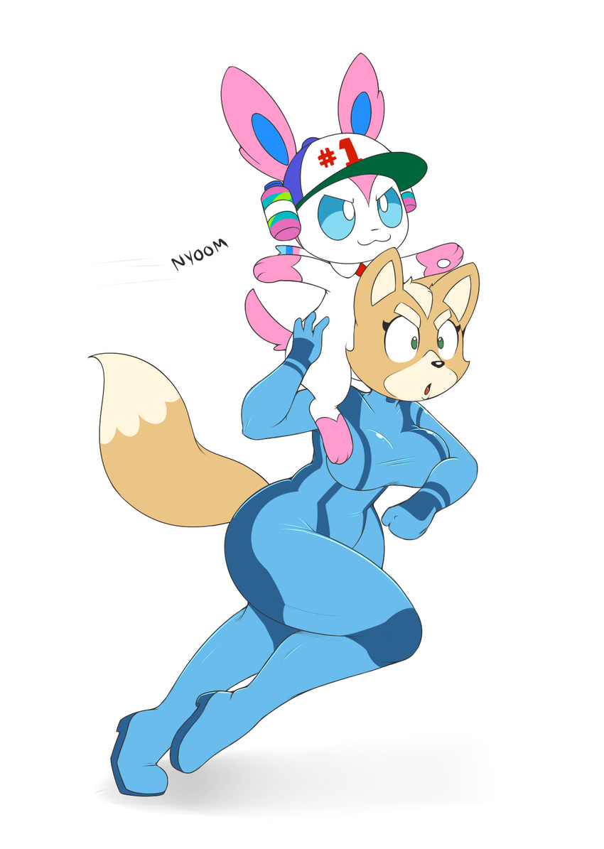 acstlu anthro blue_eyes canine clothed clothing duo eeveelution feral fox fox_mccloud green_eyes hat mammal nintendo plain_background pok&eacute;mon star_fox sylveon text tight_clothing video_games white_background