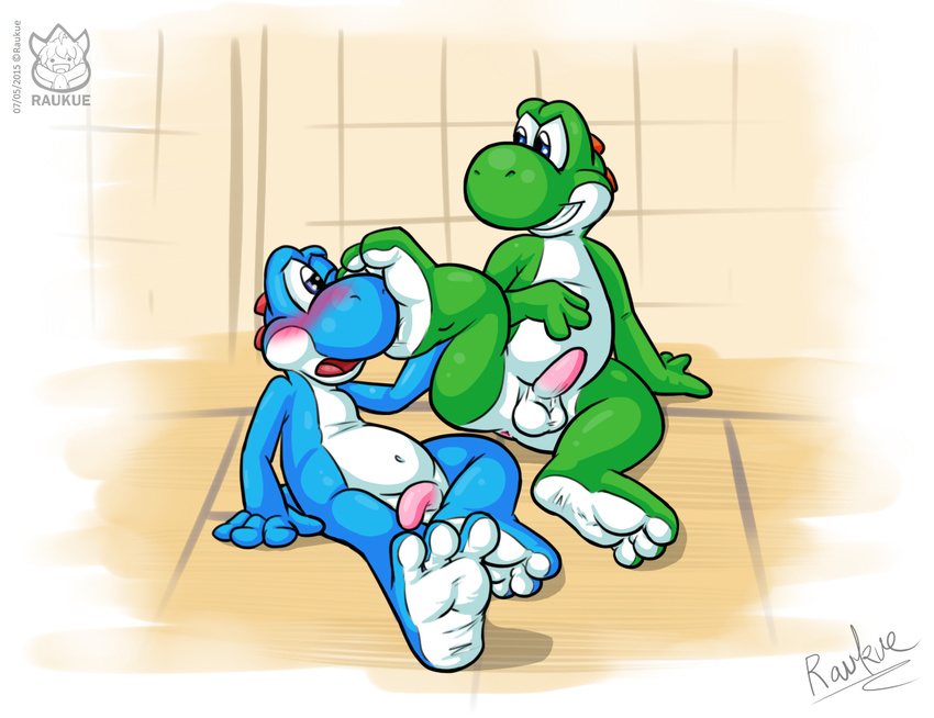 2015 anthro anthrofied balls blush cellshaded chubby digital_media_(artwork) duo erection flaccid foot_fetish grin inside male male/male mario_bros nintendo nude one_eye_closed open_mouth penis raukue signature video_games yoshi