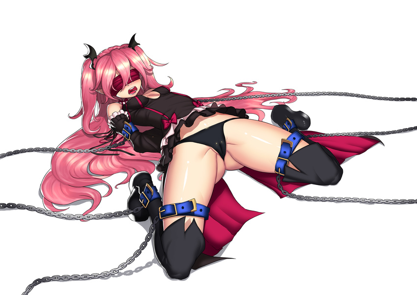 absurdres arms_behind_back bad_id bad_pixiv_id bandages bdsm belt bondage bound bow breasts chain cleavage detached_sleeves eyepatch frills greem_bang highres krul_tepes long_hair lying open_mouth owari_no_seraph pink_hair pointy_ears restrained ribbon small_breasts solo thong two_side_up