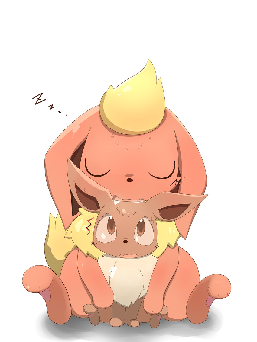 drooling duo eevee eeveelution eyes_closed feral flareon nintendo open_mouth pawpads paws plain_background pok&eacute;mon saliva sitting sleeping video_games white_background しろくろいの