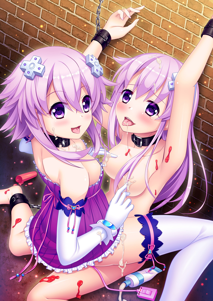 33paradox absurdres armpits bdsm blush bondage bound breasts brick_wall candle chain clothed_female_nude_female collar cuffs dress elbow_gloves gloves hair_ornament highres incest long_hair lotion multiple_girls nepgear neptune_(choujigen_game_neptune) neptune_(series) nude purple_eyes purple_hair restrained ribbon shackles siblings sisters sitting strapless strapless_dress suggestive_fluid tears thighhighs tongue tongue_out vibrator wariza wax white_legwear yuri