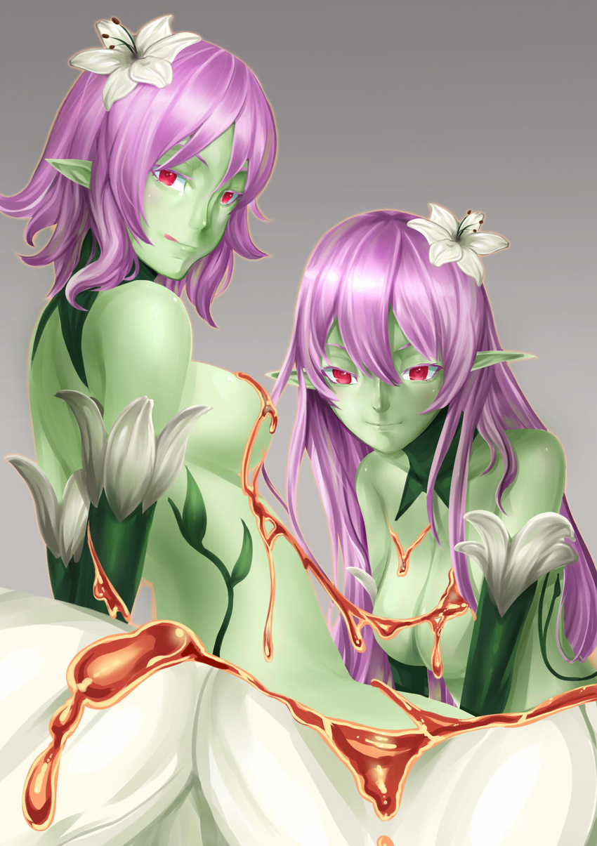 alraune arms_behind_back breasts cleavage convenient_censoring flower gradient gradient_background green_skin hair_flower hair_ornament highres ibenz009 large_breasts leaning_forward liliraune_(monster_girl_encyclopedia) long_hair looking_at_viewer monster_girl monster_girl_encyclopedia multiple_girls naughty_face plant_girl pointy_ears purple_hair red_eyes short_hair siblings sideboob smile tongue