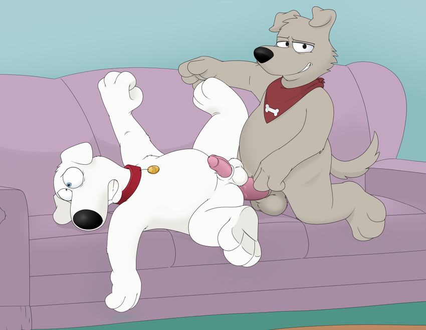 anal anal_penetration balls blue_eyes brian_griffin canine dog family_guy looking_at_viewer lying male male/male mammal neenya new_brian orgasm penetration penis sex sofa