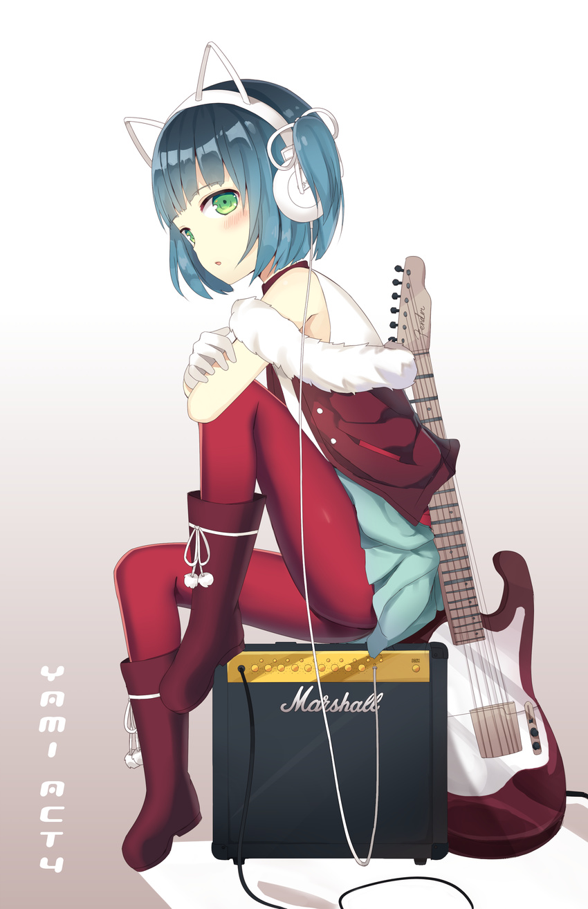 1boy absurdres animal_ear_headphones animal_ears blue_hair boots cat_ear_headphones commentary_request electric_guitar fake_animal_ears green_eyes guitar headphones highres instrument kiki_(tsunya) male_focus marshall_amplification original otoko_no_ko red_footwear ryoune_yami short_hair skirt solo utau