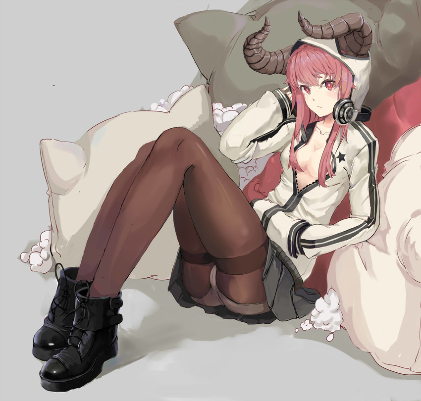 black_legwear boots breasts cleavage collarbone cushion hand_in_pocket headphones highres hood hooded_jacket horns horns_through_headwear jacket knees_up long_hair looking_at_viewer no_bra open_clothes open_jacket original panties panties_under_pantyhose pantyhose pantyshot pantyshot_(sitting) pink_hair pleated_skirt red_eyes sitting skirt sleeves_past_wrists small_breasts solo stuffing thighband_pantyhose underwear xue_feng