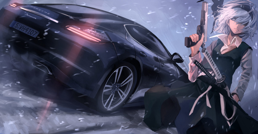 car dress ground_vehicle gun hair_over_eyes hair_ribbon handgun highres katana koh_(minagi_kou) konpaku_youmu long_sleeves looking_at_viewer m1911 md5_mismatch motor_vehicle pistol porsche porsche_panamera rain ribbon shirt silver_hair solo sword touhou weapon