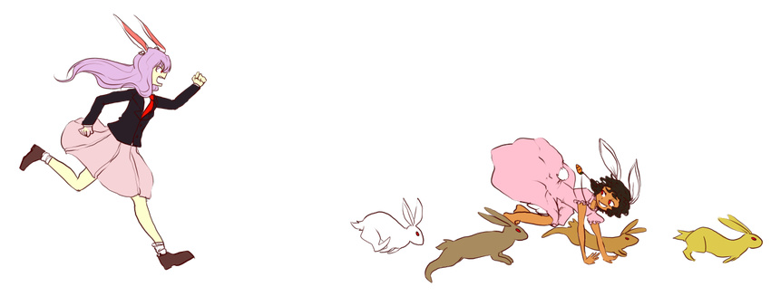 2girls angry animal_ears brown_hair bunny bunny_ears carrot_necklace fleeing full_body inaba_tewi jewelry kia_(tumblr) multiple_girls pendant pink_hair red_eyes reisen_udongein_inaba running simple_background skirt smile tan touhou transparent_background wavy_hair