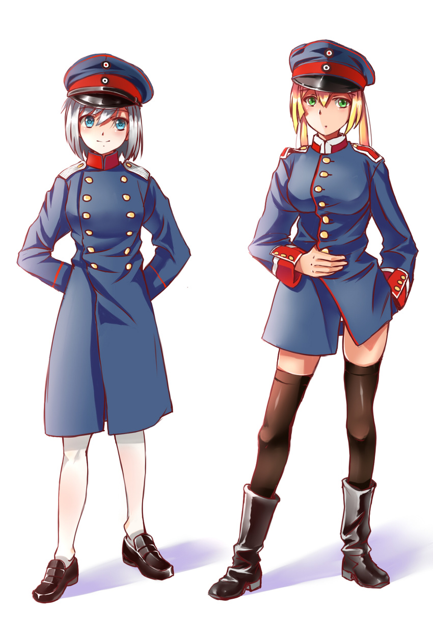 arms_behind_back blonde_hair blue_eyes boots buttons commentary germany green_eyes hat highres longmei_er_de_tuzi looking_at_viewer military military_uniform multiple_girls original peaked_cap shoes silver_hair skindentation smile standing thighhighs uniform world_war_i zettai_ryouiki