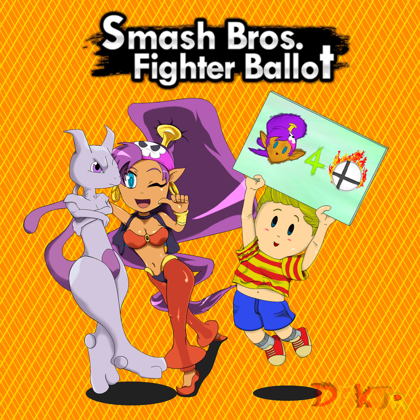 arabian_clothing blue_eyes blush breasts child clothed clothing crossover dfkjr earthbound_(series) female genie hair human long_hair looking_at_viewer lucas male mammal mewtwo nintendo open_mouth pointy_ears pok&eacute;mon poster purple_hair shantae shantae_(series) sign super_smash_bros thumbs_up video_games wayforward young