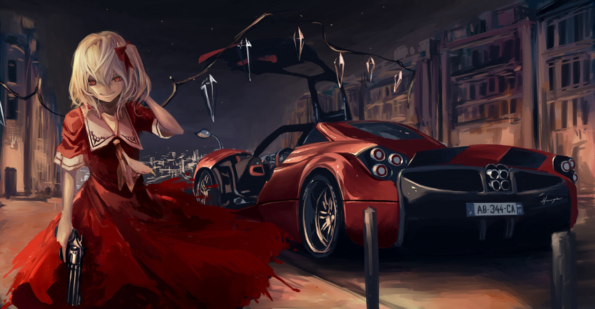 bangs bow building car city city_lights crystal dress flandre_scarlet ground_vehicle gullwing_doors gun hair_between_eyes hair_bow hand_behind_head handgun highres holding holding_weapon koh_(minagi_kou) light_smile looking_at_viewer motor_vehicle neckerchief night outdoors pagani pagani_huayra red_dress red_eyes revolver road scenery short_sleeves side_ponytail smile solo street touhou trigger_discipline weapon white_hair wings