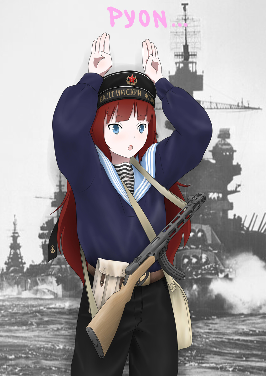 absurdres anchor_symbol arms_up belt belt_pouch blue_eyes commentary eyebrows eyebrows_visible_through_hair gun hammer_and_sickle hat highres long_hair long_sleeves millimeter mole mole_under_eye navy original pants photo_background pork_pie_sailor_hat pouch ppsh-41 red_hair russia russian russian_navy sailor sailor_collar sailor_hat solo soviet standing star submachine_gun tsurime weapon world_war_ii