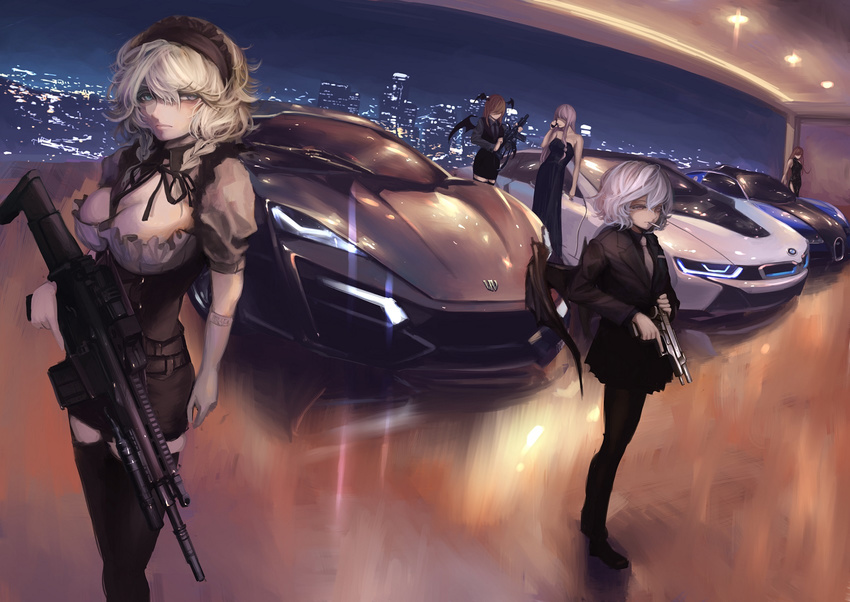 alternate_costume ar-15 assault_rifle bangs bare_arms bare_shoulders bat_wings battle_rifle belt beretta_92 black_dress black_legwear blazer blonde_hair bmw bmw_i8 breasts bugatti bugatti_veyron building car ceiling cellphone china_dress chinese_clothes cigarette city_lights cityscape cleavage demon_girl demon_wings dress elbow_gloves eotech expressionless faceless faceless_female fn_scar fn_scar_17 gloves grey_eyes ground_vehicle gun hair_between_eyes hairband handgun head_wings highres holding holding_weapon hong_meiling izayoi_sakuya jacket koakuma koh_(minagi_kou) large_breasts lights lolita_hairband looking_at_viewer lykan_hypersport m4_carbine maid_headdress motor_vehicle mouth_hold multiple_girls neck_ribbon necktie night pantyhose patchouli_knowledge phone pistol puffy_short_sleeves puffy_sleeves red_hair remilia_scarlet ribbon rifle short_sleeves silver_hair skyscraper standing strapless strapless_dress talking_on_phone thighhighs touhou trigger_discipline w_motors weapon wings zettai_ryouiki