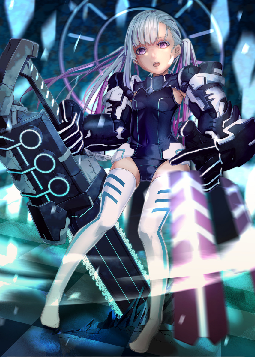 armpits boots chainsaw checkered checkered_floor covered_navel full_body gauntlets gradient_hair highres long_hair looking_at_viewer mecha_musume million_arthur_(series) miya-ki_(miya_key) multicolored_hair neon_trim one-piece_swimsuit open_mouth original pigeon-toed purple_eyes school_swimsuit silver_hair skin_tight solo standing swimsuit thigh_boots thighhighs twintails white_footwear white_legwear
