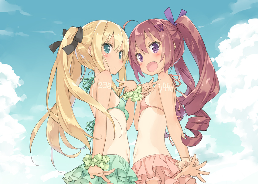 :d ahoge bikini bikini_skirt blonde_hair blue_eyes blush body_writing breasts fang hair_ornament hair_ribbon hairclip hazuki_watora long_hair looking_at_viewer multiple_girls navel one-piece_tan open_mouth original outstretched_hand peko purple_eyes red_hair ribbon scrunchie shimotsuki_potofu small_breasts smile sun_tattoo swimsuit tan tanline twintails two_side_up v wrist_scrunchie