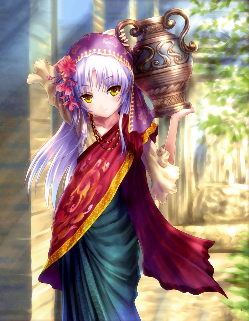 absurdres angel_beats! aquarius bangs flower goto_p hair_flower hair_ornament head_scarf highres holding indian_clothes jar jewelry lavender_hair light_rays light_smile long_hair looking_at_viewer necklace outdoors sari solo standing sunbeam sunlight tenshi_(angel_beats!) urn veil yellow_eyes