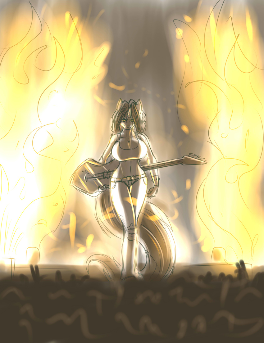 amber_steel big_breasts breasts cleavage clothed clothing equine fan_character female fire guitar horn mammal metalfoxxx musical_instrument my_little_pony navel solo unicorn