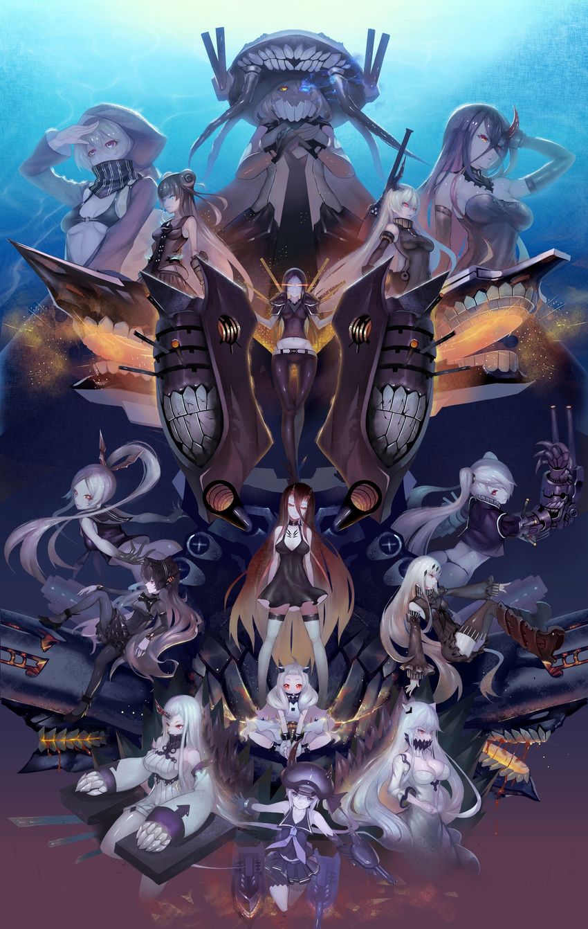 absurdres ahoge aircraft_carrier_water_oni anchorage_oni armored_aircraft_carrier_oni battleship_hime battleship_water_oni bikini_top black_dress black_hair blue_eyes breasts cape choker claws cleavage covered_mouth destroyer_hime detached_sleeves double_bun dress everyone glowing glowing_eye glowing_eyes headgear heterochromia highres hood hooded_jacket horn horns isolated_island_oni jacket kantai_collection light_cruiser_oni long_hair looking_at_viewer machinery medium_breasts midway_hime mittens multiple_girls navel northern_ocean_hime orange_eyes pleated_skirt re-class_battleship red_eyes ru-class_battleship school_uniform seaport_hime serafuku shinkaisei-kan short_hair side_ponytail sitting skirt southern_ocean_oni twintails weilaifyxinwang white_dress white_hair white_skin wo-class_aircraft_carrier yellow_eyes