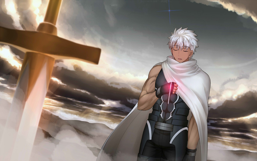 archer cape dark_skin dark_skinned_male fate/stay_night fate_(series) holding jewelry kotera_ryou male_focus muscle necklace pendant planted_sword planted_weapon sleeveless solo sword unlimited_blade_works weapon white_hair
