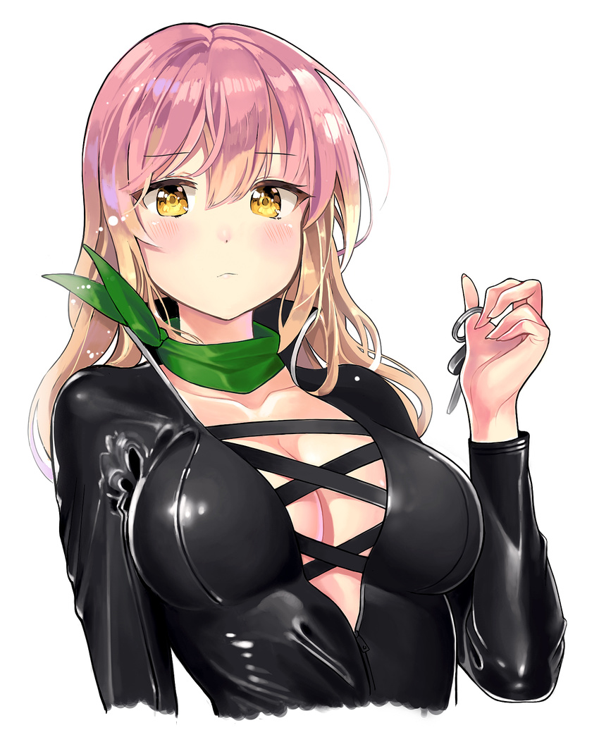 ameyame bad_id bad_pixiv_id black_bodysuit blonde_hair blush bodysuit breasts center_opening cleavage collarbone gradient_hair highres hijiri_byakuren keyring large_breasts latex long_hair looking_at_viewer multicolored_hair pink_hair solo touhou turbo_byakuren unzipped upper_body yellow_eyes zipper