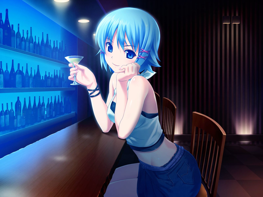 alcohol bangs bar bare_shoulders belt blue_eyes blue_hair blush bottle chair checkered checkered_floor chin_rest cocktail cocktail_glass cup denim denim_skirt drinking_glass fingernails from_side game_cg glass hair_ornament hairclip hand_on_own_cheek highres himuro_rikka holding indoors jewelry jpeg_artifacts koutaro lamp light_rays looking_at_viewer midriff miniskirt nail ring shelf shirt short_hair sitting skirt sleeveless smile solo tank_top thighs tied_shirt tropical_kiss