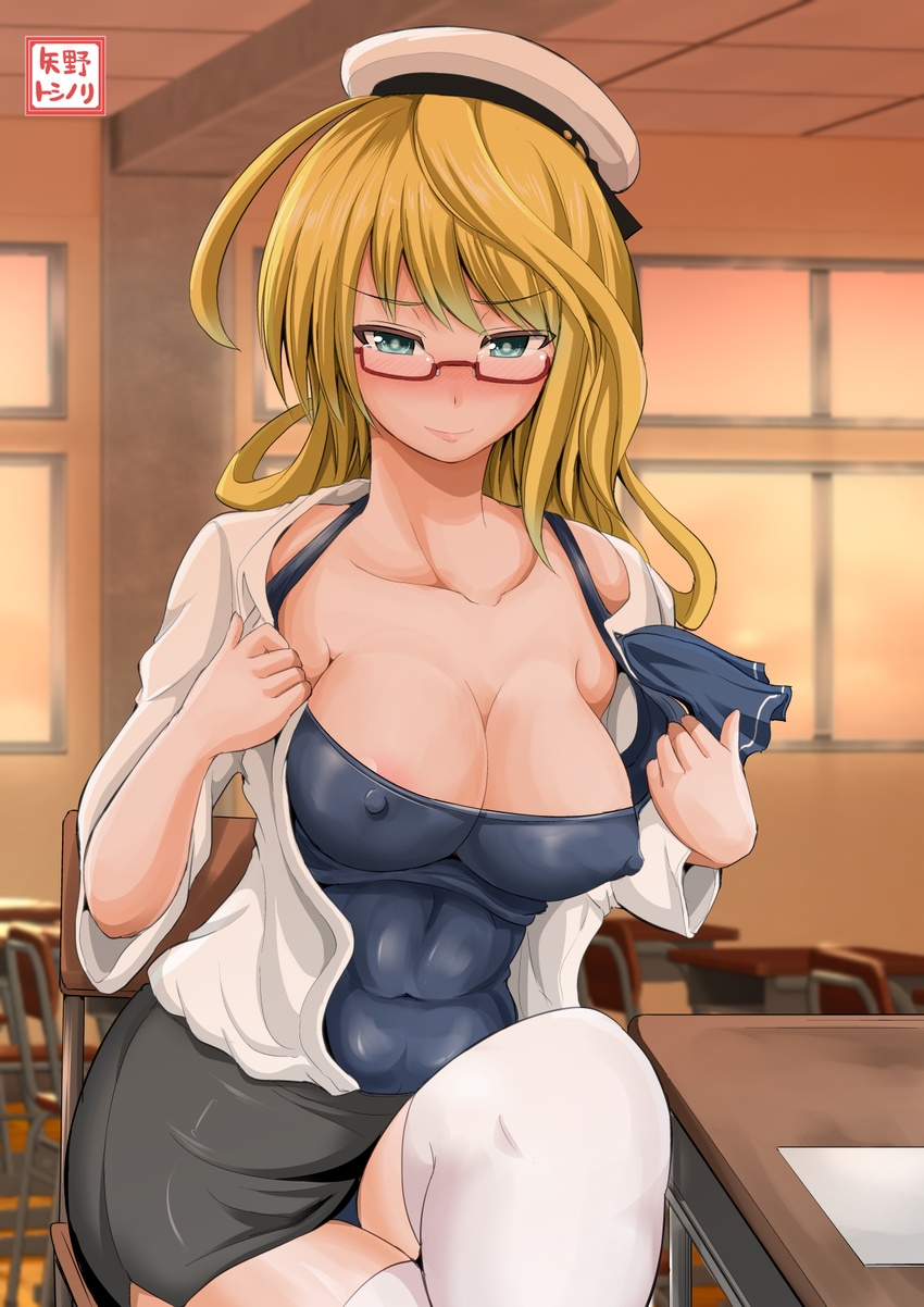abs aqua_eyes beret blonde_hair blush breasts chair cleavage covered_nipples desk dress_shirt glasses hat highres i-8_(kantai_collection) kantai_collection large_breasts on_desk one-piece_swimsuit open_clothes open_shirt red-framed_eyewear shirt sitting sitting_on_desk skirt smile solo swimsuit thighhighs white_legwear yano_toshinori