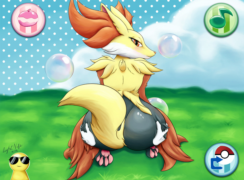 ass ass_grab blush bubbles cloud dated delphox fox furry gameplay_mechanics glass gradient gradient_background lightnife looking_at_viewer looking_back no_humans orange_eyes paws pokemon pokemon-amie pokemon_(game) pokemon_xy polka_dot_background seiza sitting tail