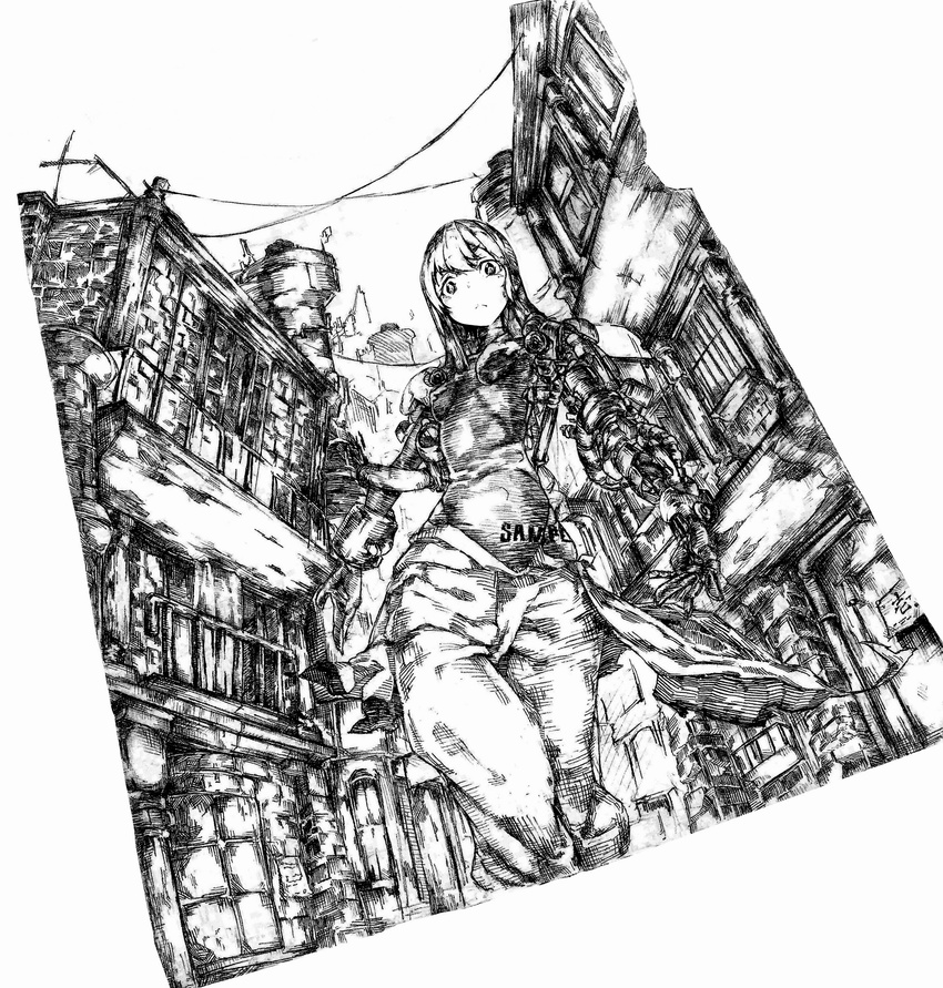 absurdres blue_sky brick building cloud cyborg fisheye frown greyscale highres long_hair mechanical_arm monochrome original power_lines sky solo taisowbukurow window