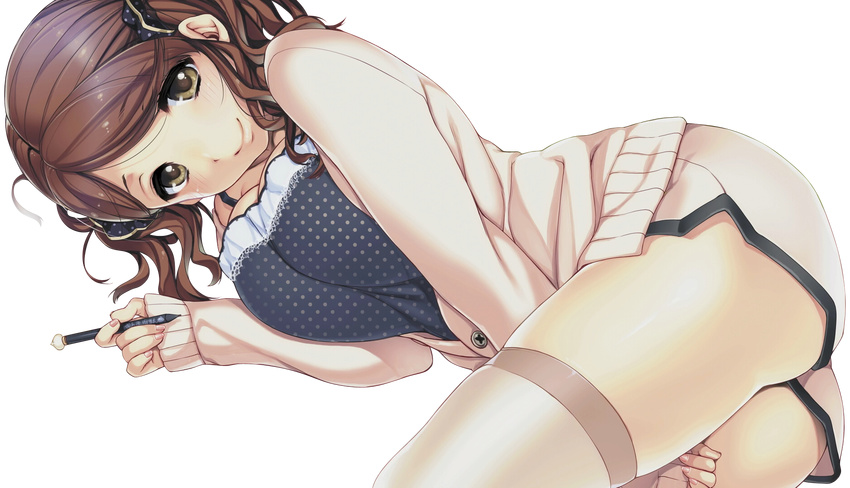 amagami ass bed between_legs breasts brown_eyes brown_hair cleavage extraction hair_ribbon hand_between_legs highres large_breasts looking_at_viewer lying nakata_sae on_side pen ribbon smile solo sumeragi_kohaku sweater thighhighs thighs transparent_background twintails white_legwear