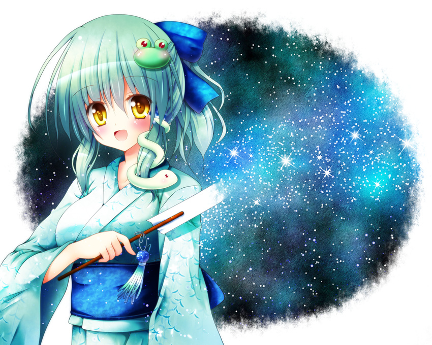 alternate_costume alternate_hairstyle aqua_hair bow frog_hair_ornament gohei hair_bow hair_ornament japanese_clothes kimono kochiya_sanae long_sleeves obi open_mouth osashin_(osada) ponytail sash sky smile snake_hair_ornament solo star_(sky) starry_sky tanabata touhou wide_sleeves yellow_eyes