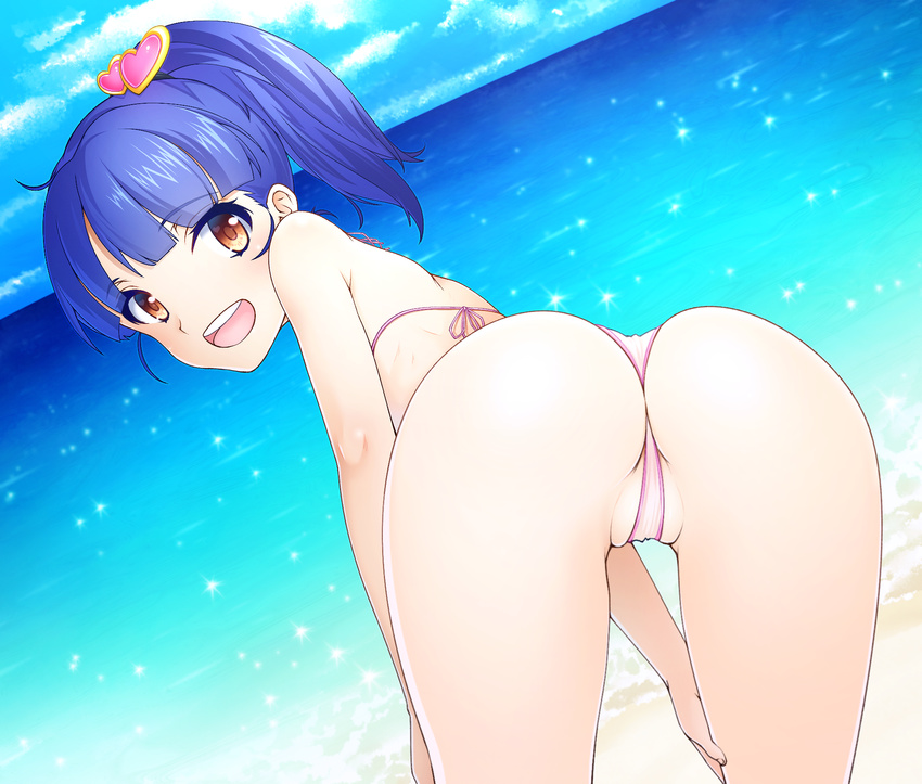 ass beach bent_over blue_hair brown_eyes day dutch_angle hair_ornament heart heart_hair_ornament highres hoshigaki_manon looking_back ocean partially_visible_vulva ponytail smile solo thong tokyo_7th_sisters urepito_honke