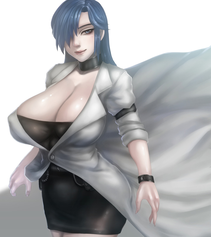 blue_eyes blue_hair bracelet breasts choker gigantic_breasts hair_over_one_eye highres himoo_yuina jewelry lips long_hair okai simple_background skirt smile solo tokimeki_memorial tokimeki_memorial_1 white_background