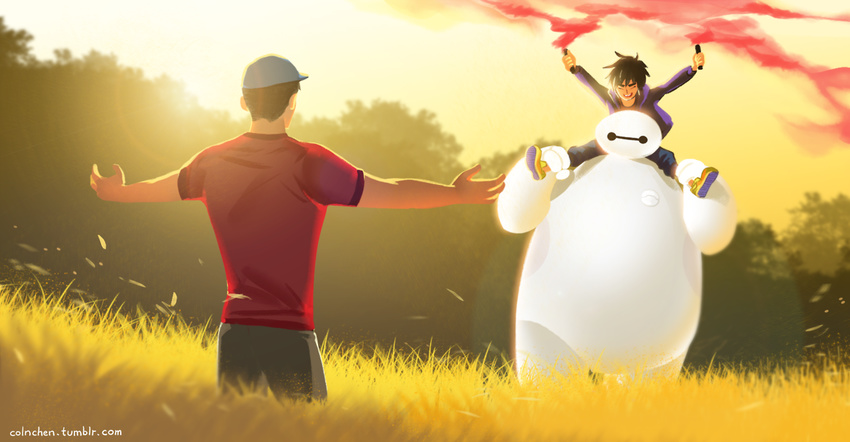 baymax big_hero_6 brothers disney gradient gradient_background hiro_hamada marvel multiple_boys outdoors robot siblings tadashi_hamada