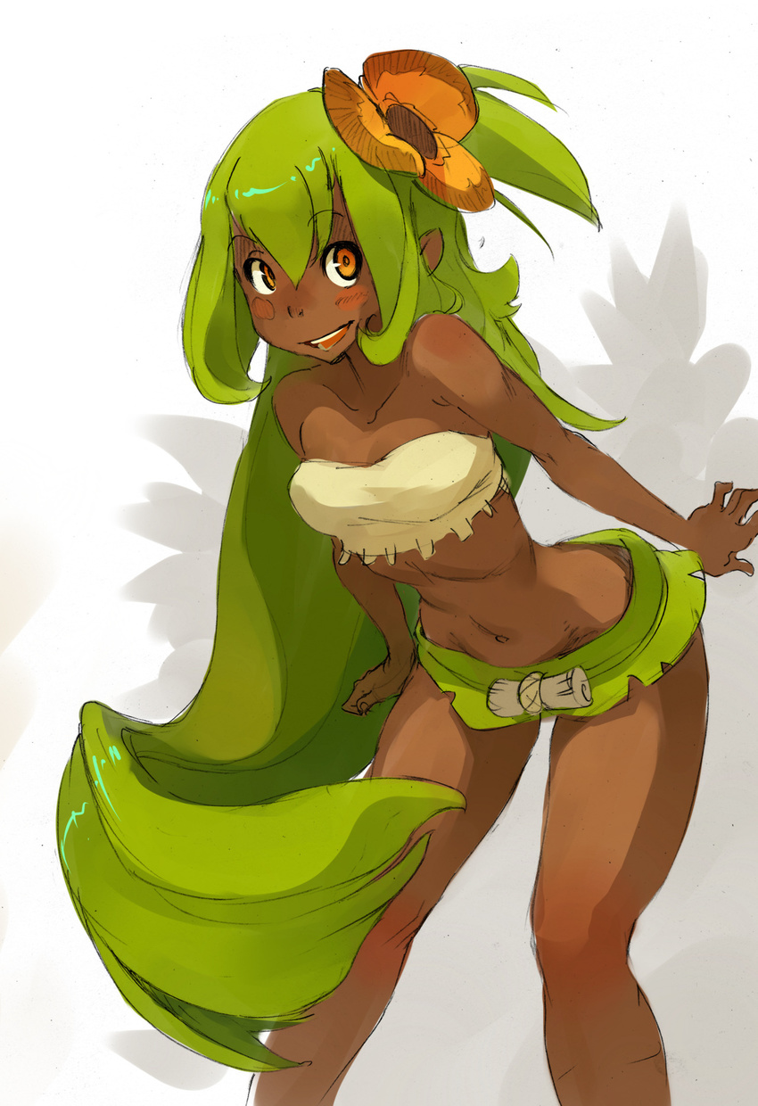 amalia_sheran_sharm blush blush_stickers brown_eyes cowboy_shot dark_skin flower gradient gradient_background green_hair hair_flower hair_ornament highres leaning_forward long_hair microskirt midriff navel pointy_ears sadida skirt small_breasts smile solo strapless tubetop very_long_hair wakfu xavier_houssin