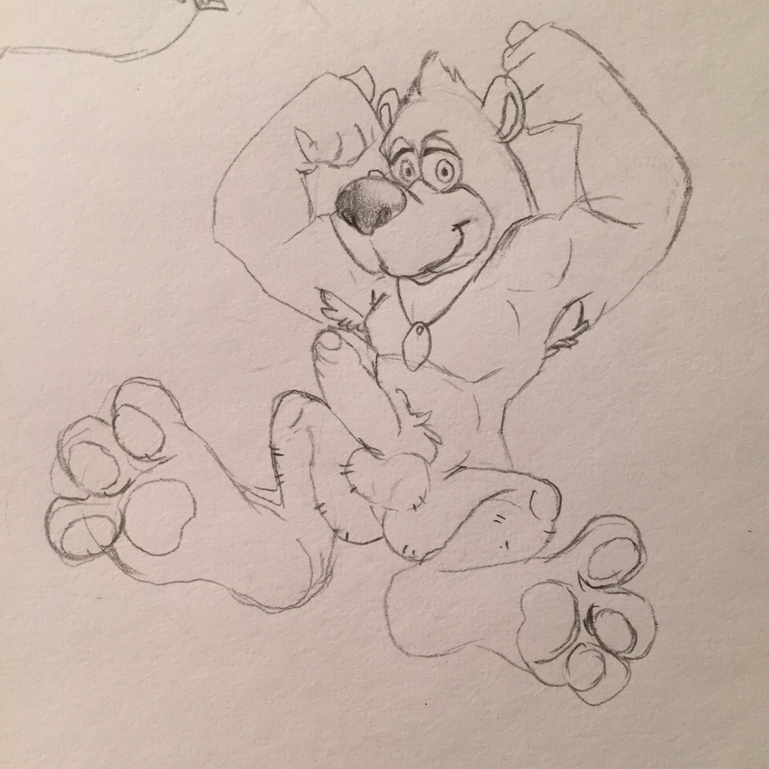 anthro armpit_hair balls banjo-kazooie banjo_(banjo-kazooie) bear big_feet celestial erection flexing front_view looking_at_viewer male mammal monochrome muscles nude partially_retracted_foreskin pencil_(artwork) pendant penis sketch solo traditional_media_(artwork)