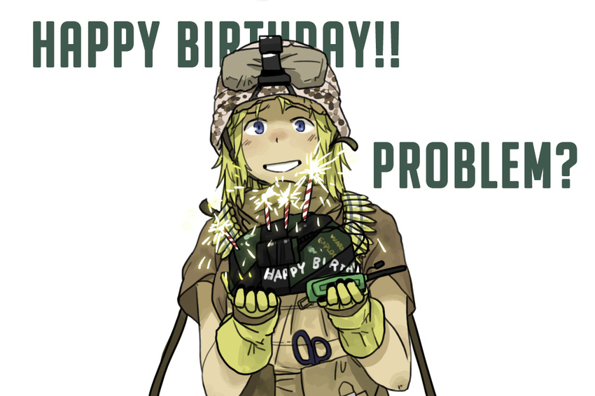 anyan_(jooho) battlefield_(series) battlefield_3 blonde_hair blue_eyes bullet bullet_necklace c4 candle english gloves grin hat helmet looking_at_viewer military military_hat military_uniform scissors simple_background smile uniform white_background