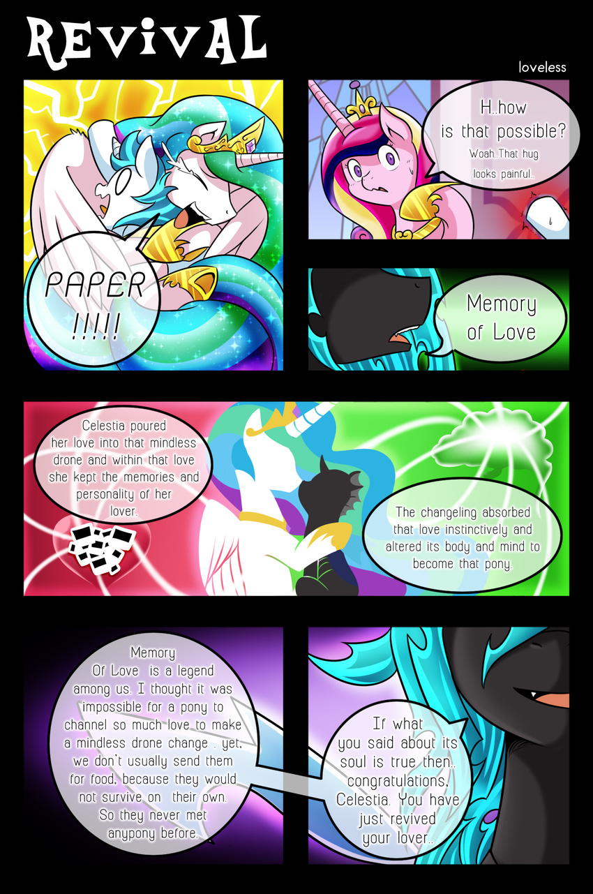 2015 changeling comic couple crying dialogue duo english_text equine fan_character female feral friendship_is_magic fur hair horn hug mammal my_little_pony open_mouth paper_(mlp) princess_cadance_(mlp) princess_celestia_(mlp) purple_eyes queen_chrysalis_(mlp) royalty tears text vavacung winged_unicorn wings