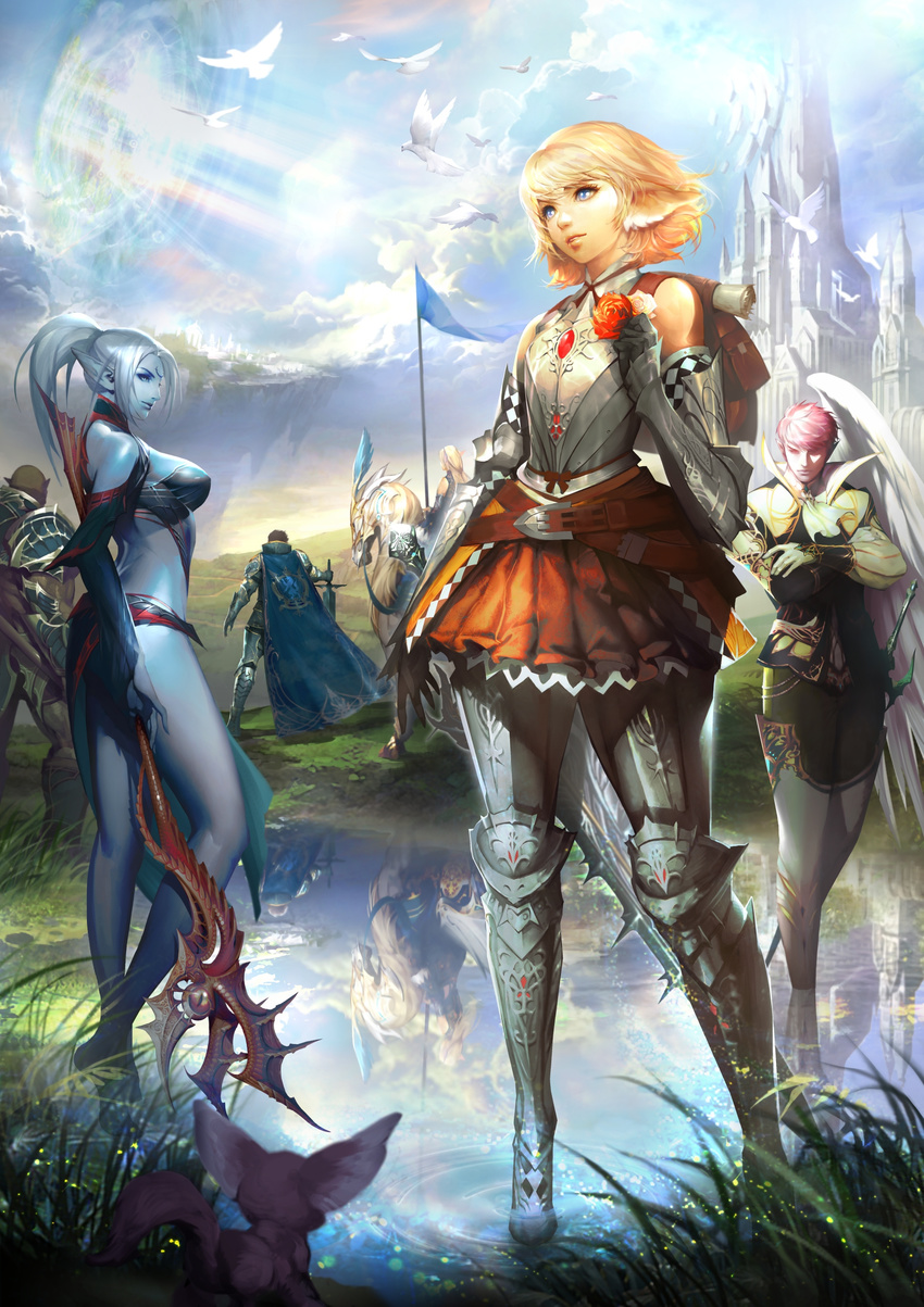 3girls absurdres animal armor armored_boots ascot backpack bag bald barding bare_shoulders bird blonde_hair blue_eyes boots breastplate breasts brown_hair cape castle cloud cloudy_sky crossed_arms dark_elf dark_elf_(lineage_2) day detached_sleeves dove elbow_gloves elf elf_(lineage_2) ertheia facial_mark fantasy faulds flag flagpole flat_chest flower gauntlets gloves grass greaves grey_footwear highres horseback_riding human_(lineage_2) kamael landscape large_breasts leg_armor lineage lineage_2 long_hair metal_boots multiple_boys multiple_girls non-web_source official_art orc orc_(lineage_2) pauldrons pink_hair pleated_skirt pointy_ears ponytail reflection riding scroll short_hair silver_hair single_wing skirt sky staff standing sword thigh_boots thighhighs water weapon white_footwear white_legwear wings