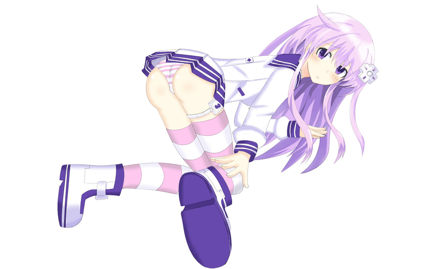 all_fours artist_request ass blush boots breasts cameltoe choujigen_game_neptune choujigen_game_neptune_mk2 compile_heart d-pad dress embarrassed from_behind hair_ornament hairclip idea_factory long_hair looking_at_viewer looking_back nepgear neptune_(series) panties purple_eyes purple_hair school_uniform serafuku shiny shiny_skin simple_background smile solo striped striped_legwear striped_panties thigh_strap thighhighs underwear