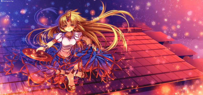 :q absurdres alcohol blonde_hair capura_lin cup highres horn hoshiguma_yuugi huge_filesize incredibly_absurdres long_hair nail_polish red_eyes red_nails rooftop sakazuki sake sandals smile solo tongue tongue_out touhou