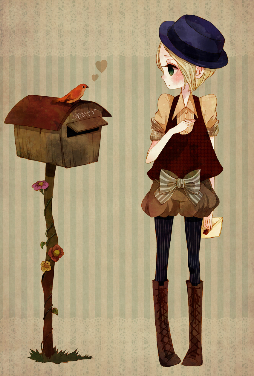 bad_id bad_pixiv_id bird blonde_hair boots bow flower green_eyes hat highres letter mailbox_(incoming_mail) original pantyhose poco24 ribbon short_hair solo