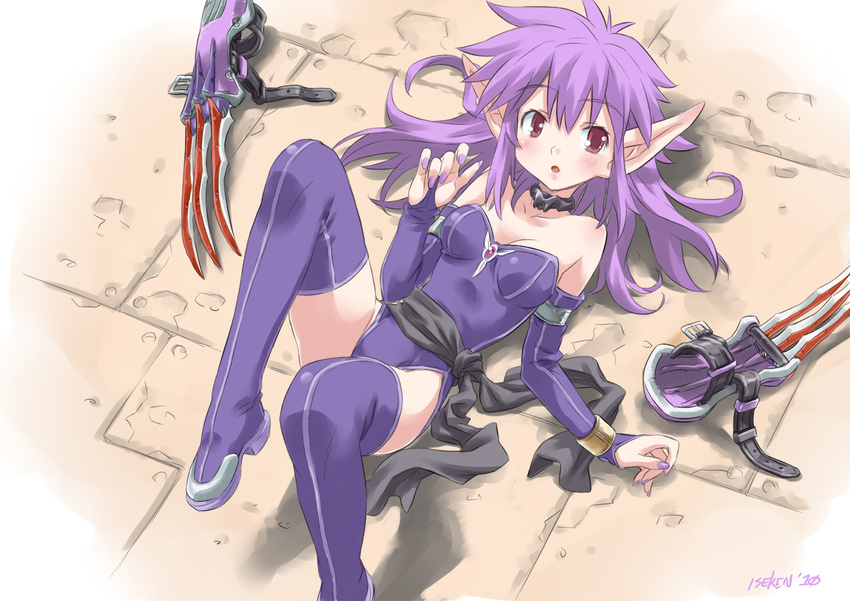 bare_shoulders blush boots bridal_gauntlets choker claw_(weapon) claws isedaichi_ken leotard long_hair lying nail_polish nei on_back phantasy_star phantasy_star_ii pointy_ears purple_eyes purple_footwear purple_hair purple_leotard purple_nails solo thigh_boots thighhighs weapon