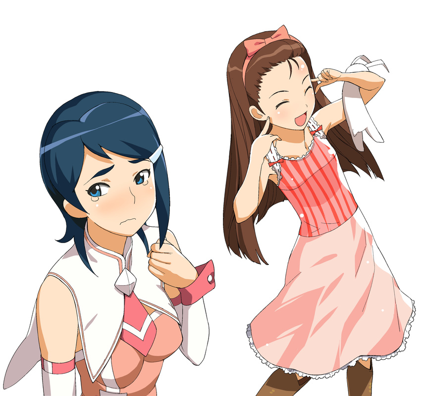 a1 absurdres blue_eyes blue_hair brown_hair closed_eyes cute_&amp;_girly_(idolmaster) hair_ribbon highres idolmaster idolmaster_(classic) idolmaster_dearly_stars minase_iori mizutani_eri multiple_girls non-web_source ribbon smile tears