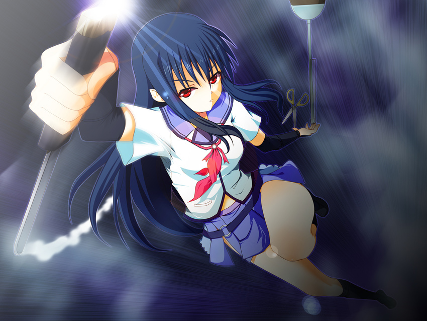 action angel_beats! arm_up attack balancing black_legwear blue_hair blue_skirt emphasis_lines ge-ha glint highres holding holding_weapon leg_up long_hair looking_at_viewer pleated_skirt red_eyes reverse_grip school_uniform scissors shiina_(angel_beats!) shinda_sekai_sensen_uniform skirt socks solo torn_clothes torn_skirt weapon