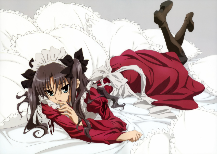 absurdres alternate_costume bed_sheet black_hair boots bow enmaided fate/stay_night fate_(series) green_eyes hair_bow headdress highres long_hair long_legs maid non-web_source pillow sakai_kyuuta solo toosaka_rin two_side_up