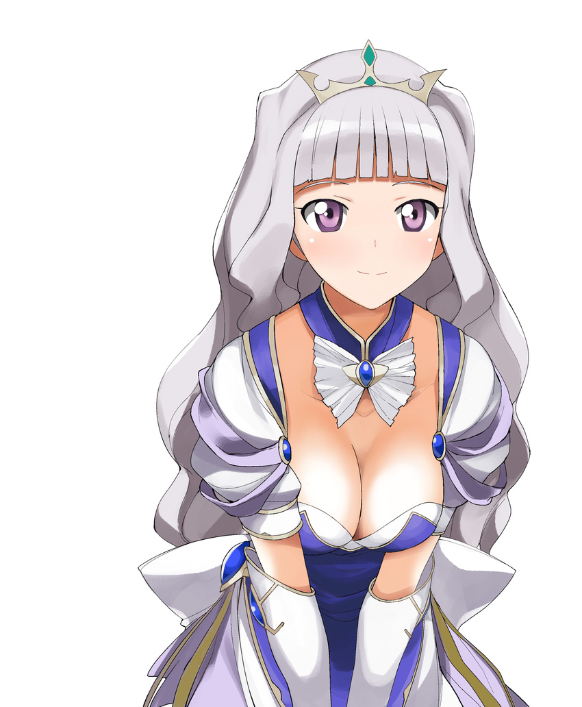 a1 absurdres bangs blunt_bangs breasts cleavage cosplay elbow_gloves feena_fam_earthlight feena_fam_earthlight_(cosplay) gloves highres idolmaster idolmaster_(classic) leaning_forward medium_breasts non-web_source purple_eyes shijou_takane silver_hair smile solo tiara v_arms yoake_mae_yori_ruri_iro_na