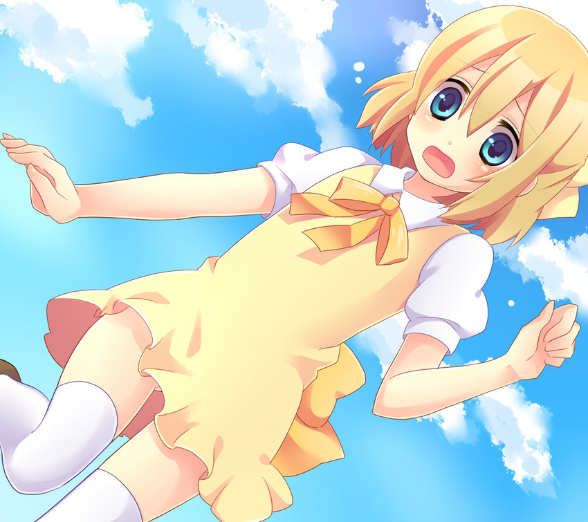 bad_id bad_pixiv_id day heroman highres joey_jones male_focus otoko_no_ko ribbon riku_(melty_drop) sky solo thighhighs